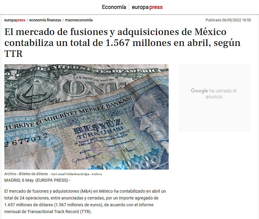 El mercado de fusiones y adquisiciones de Mxico contabiliza un total de 1.567 millones en abril, segn TTR